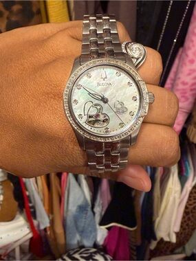 Bulova Silver Stainless Steel Mother-of-Pearl Heart Accent Watch